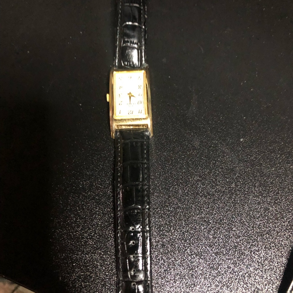 Gold Rectangular Watch With Black Croc-Embossed S… - image 1